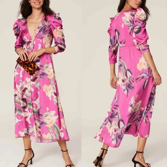 PatBO Dresses & Skirts - PatBO floral printed puff sleeve satin effect midi dress